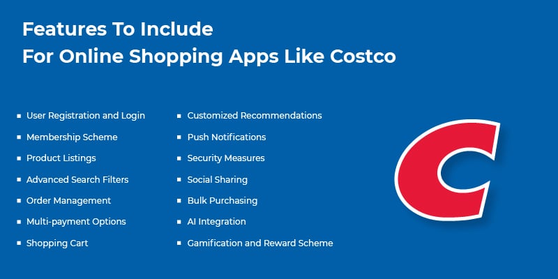 features to include for online shopping apps like costco
