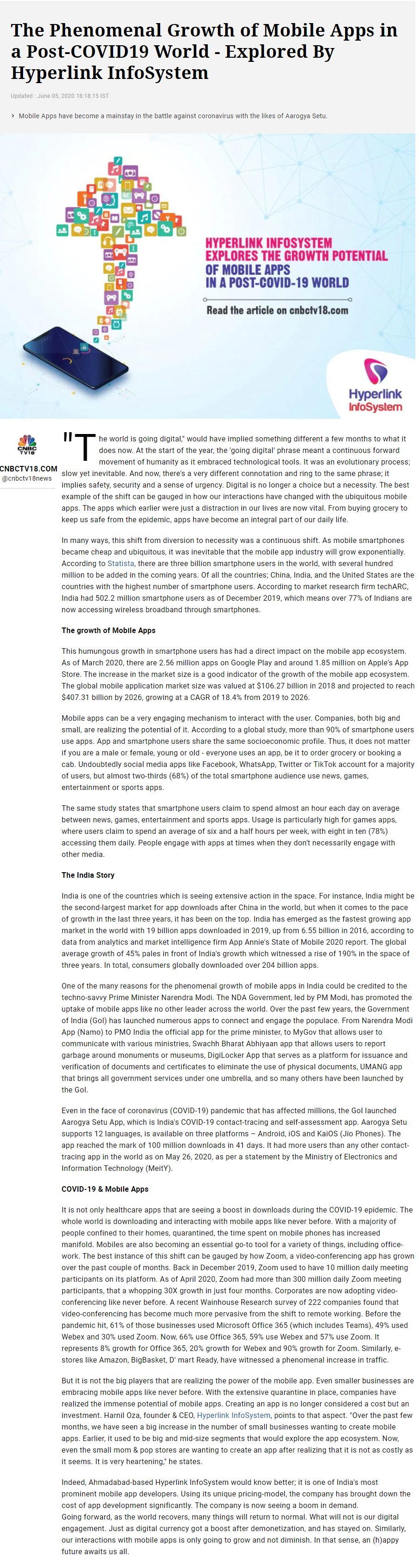 CNBCTV18 Featured Growth of Mobile Apps - COVID-19 | Hyperlink InfoSystem